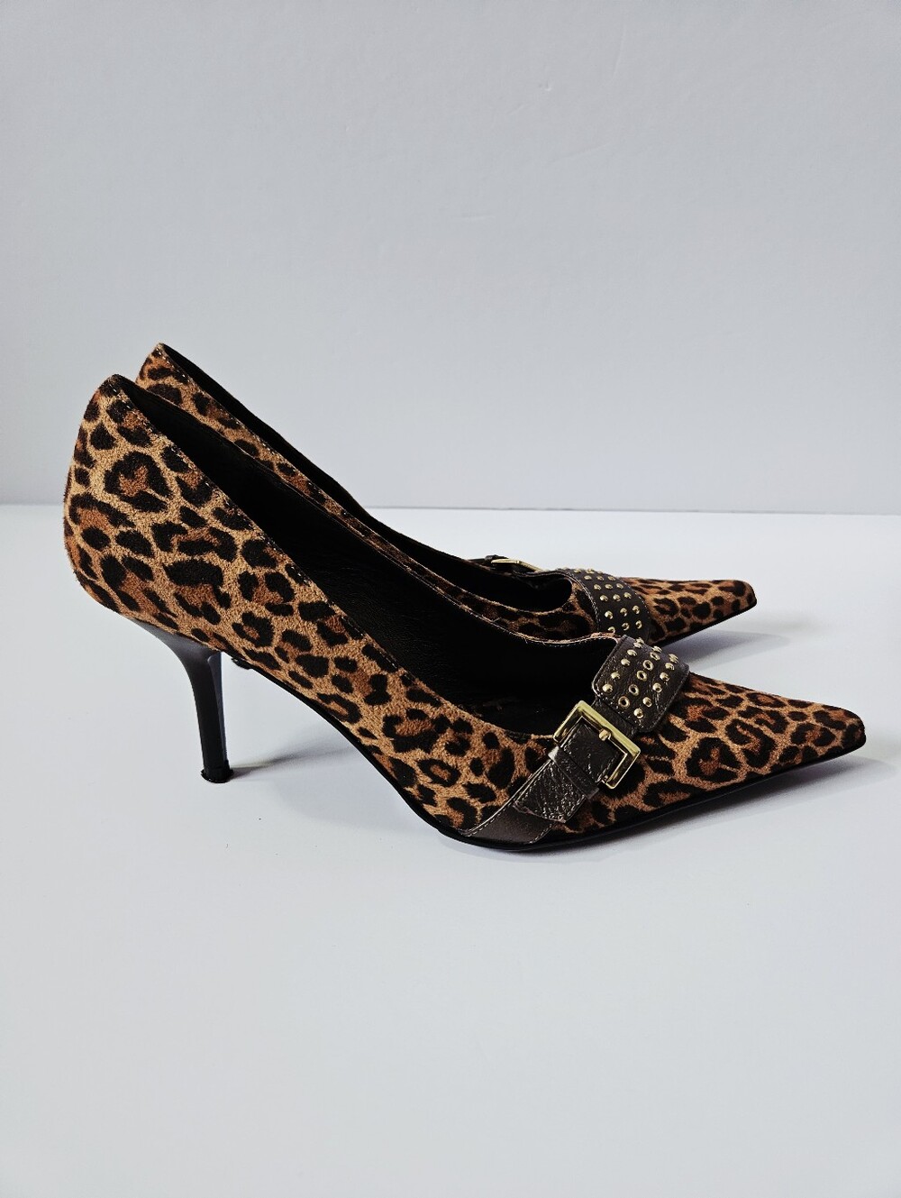Dollhouse Y2K Leopard Pointed Toe Stiletto Heels Size 7.5 Buckle Detail